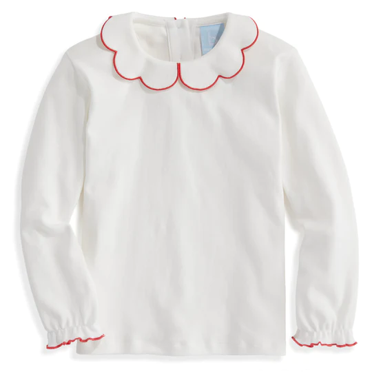Long sleeve pima scallop tee- ivory with red 6m