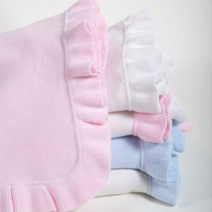 Knitted Blanket w ruffle edge- white with white ruffle - The Orange Iris
