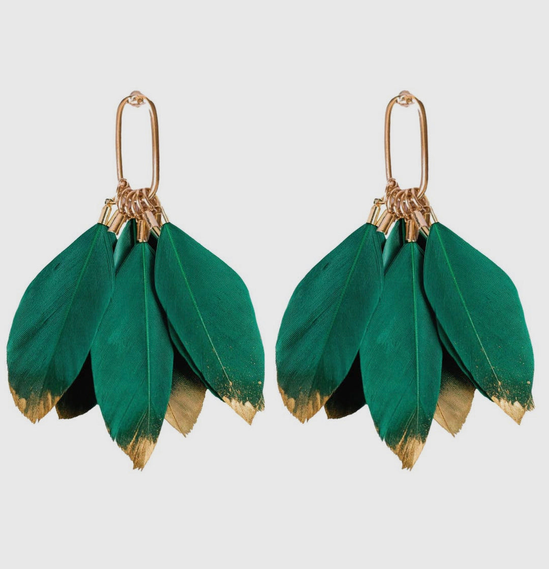 Emerald Gold Dipped Feather Tassle Earrings