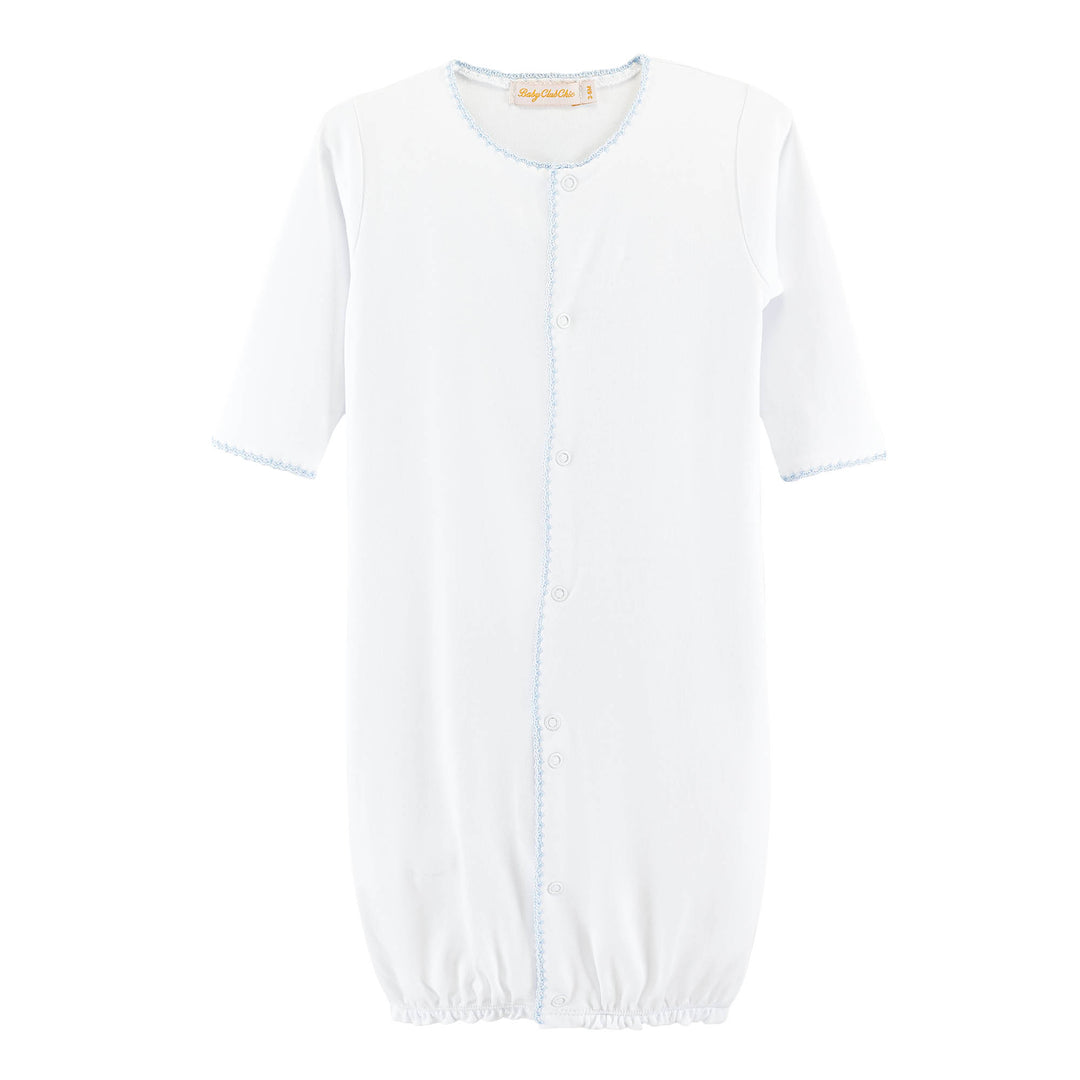 White converter gown with blue picot trim