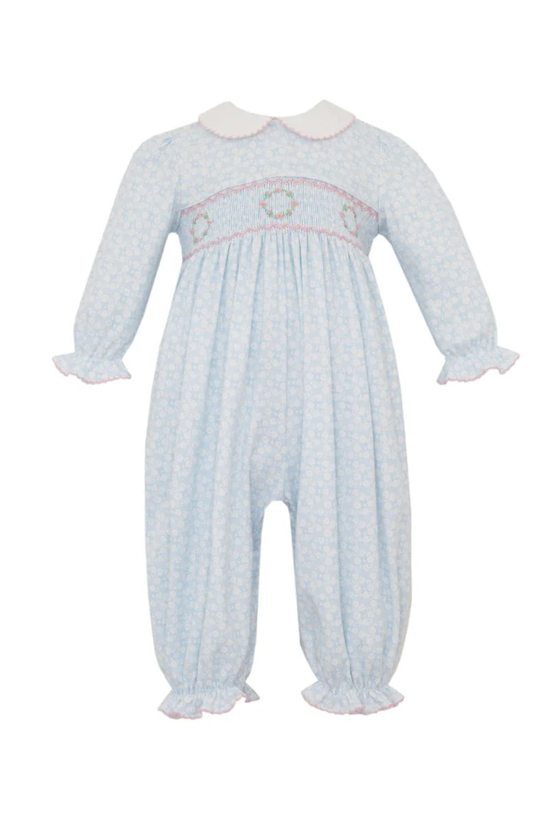 Light Blue Floral Romper w Wreath Smocking