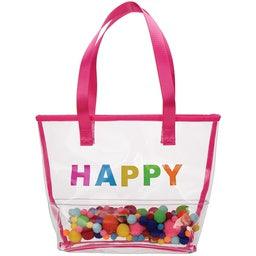 HAPPY clear tote bag with pom-poms - The Orange Iris