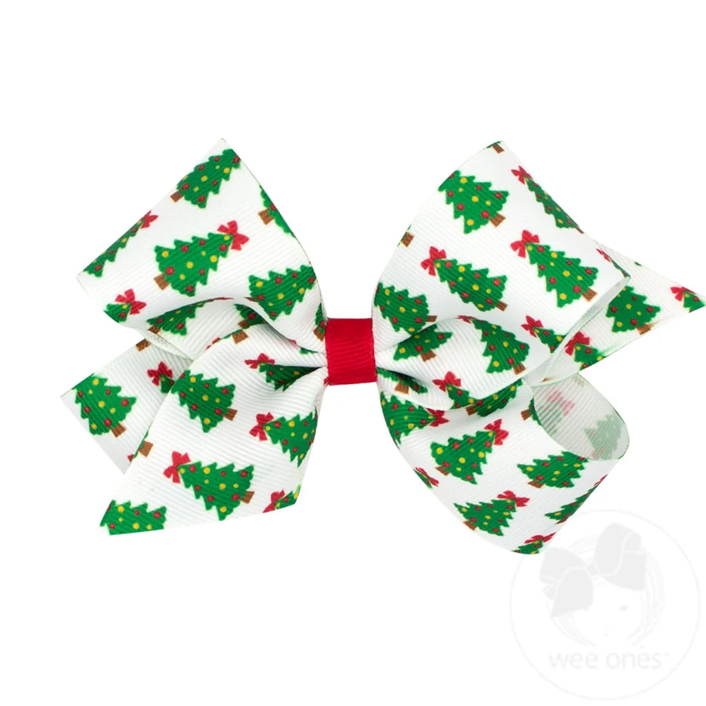 Medium Printed Christmas Bow- Red | Green Tree