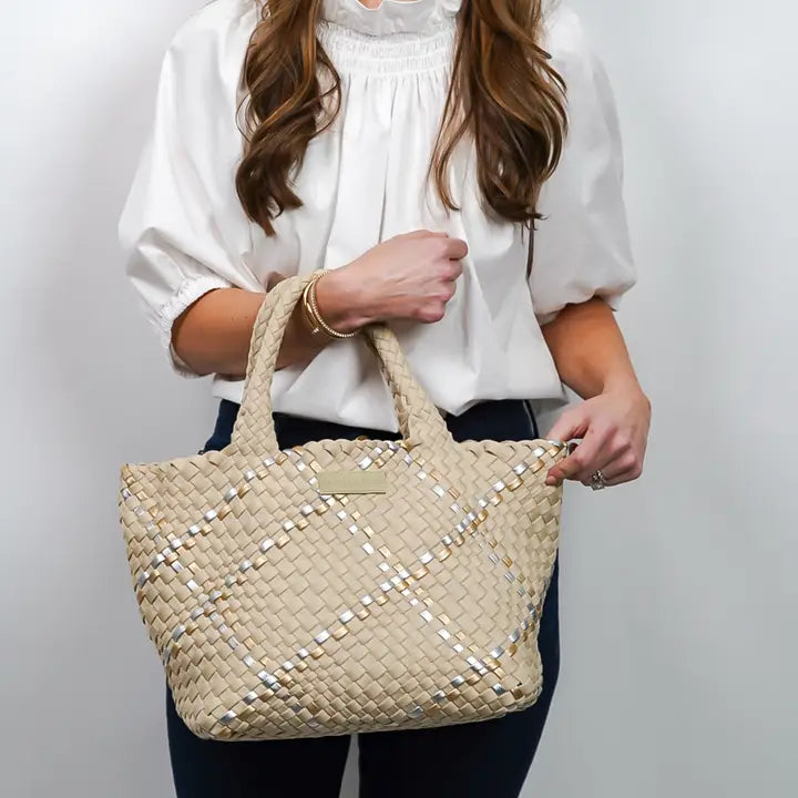 Beige Metallic Woven Tote