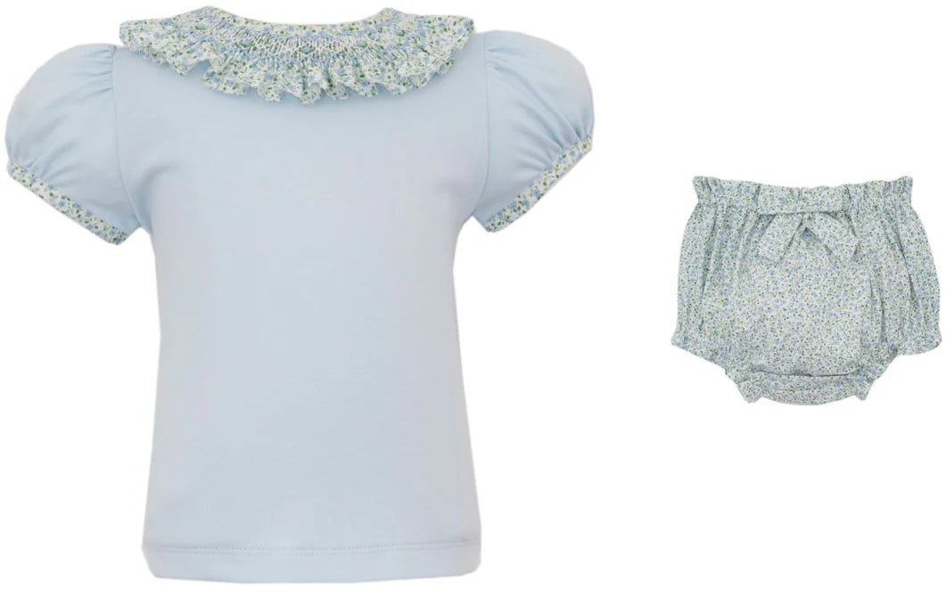 Blue Ruffle Neck Bloomer Set