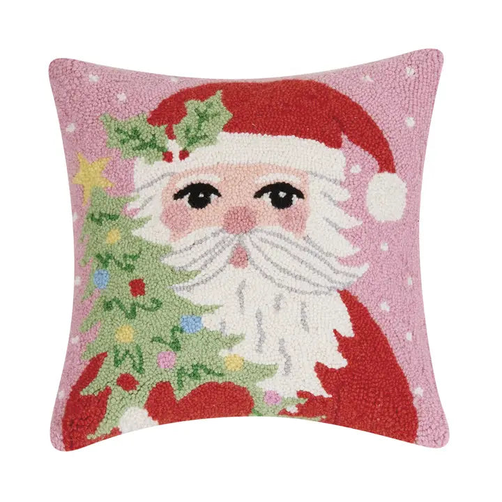 Pink Santa Holding Tree Pillow