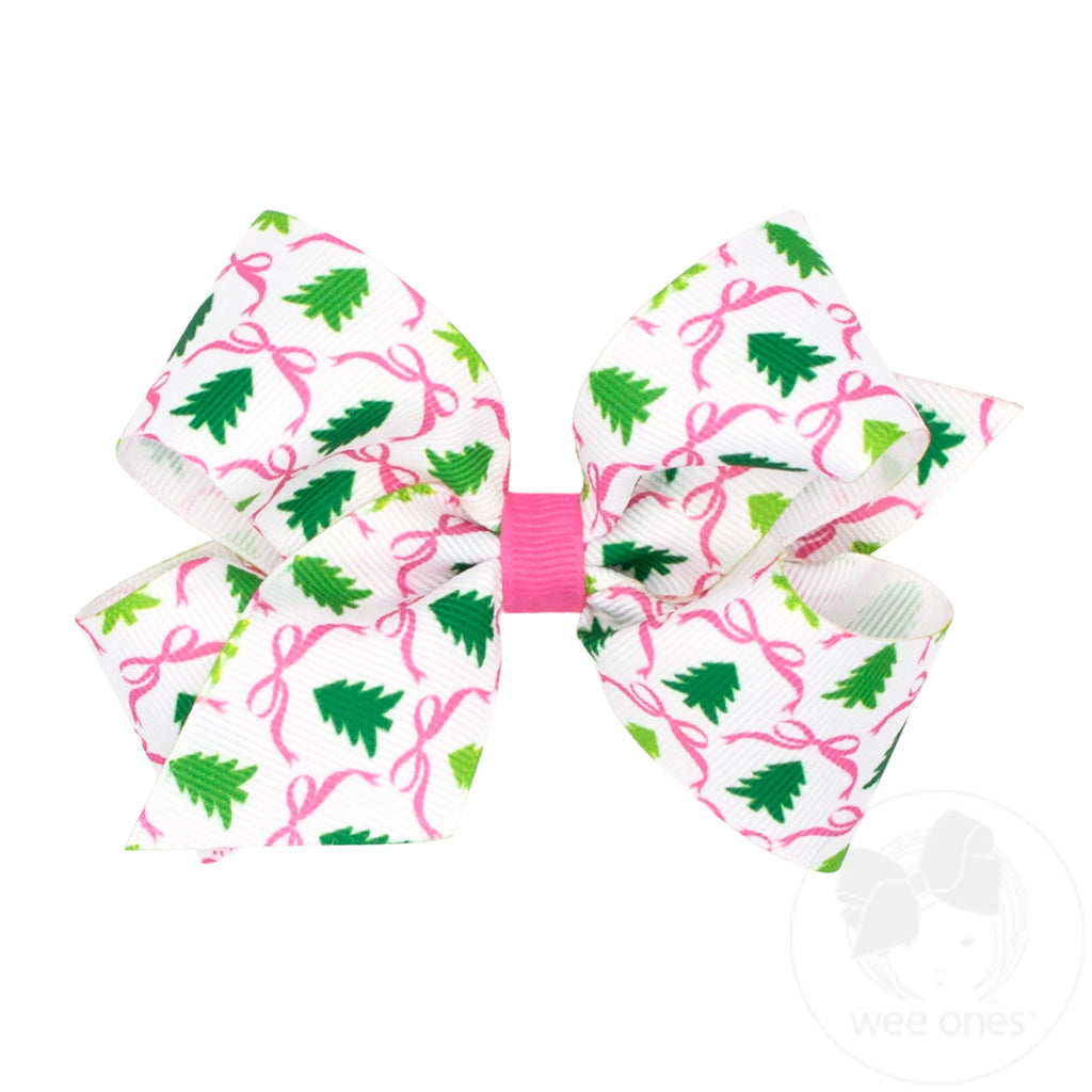 Medium Printed Christmas Bow- Pink | Green Tree
