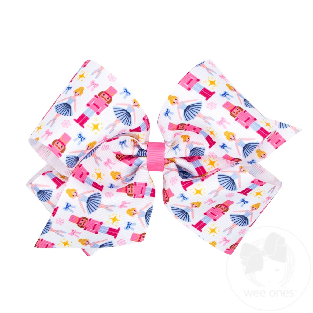 Medium Printed Christmas Bow- Pink Nutcracker
