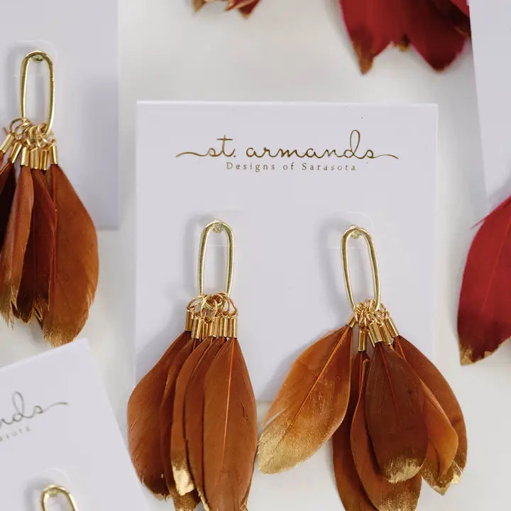 Caramel Gold Dipped Feather Tassle Earrings