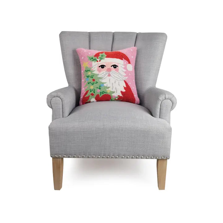 Pink Santa Holding Tree Pillow