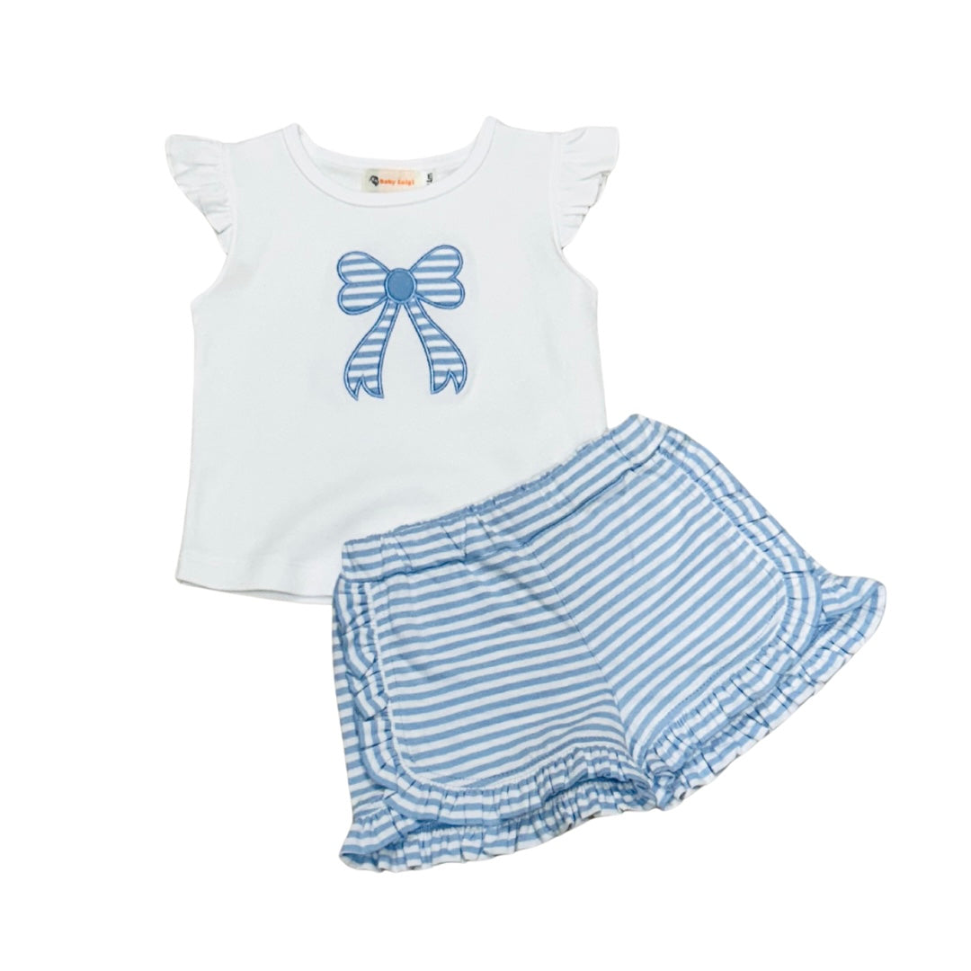 Blue Stripe Bow Short Set