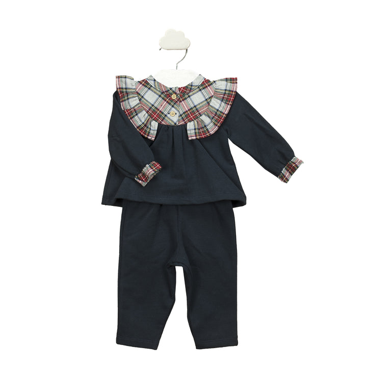 Navy pant set with tartan accent