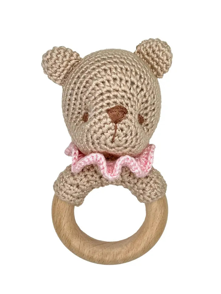 Bear Bamboo Crochet Woodring Rattle- Pink