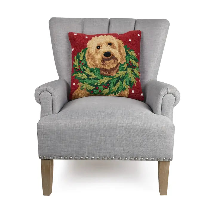 Labradoodle With Wreath Pillow