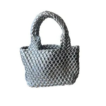 Leah Petite Metallic Woven Tote- Silver