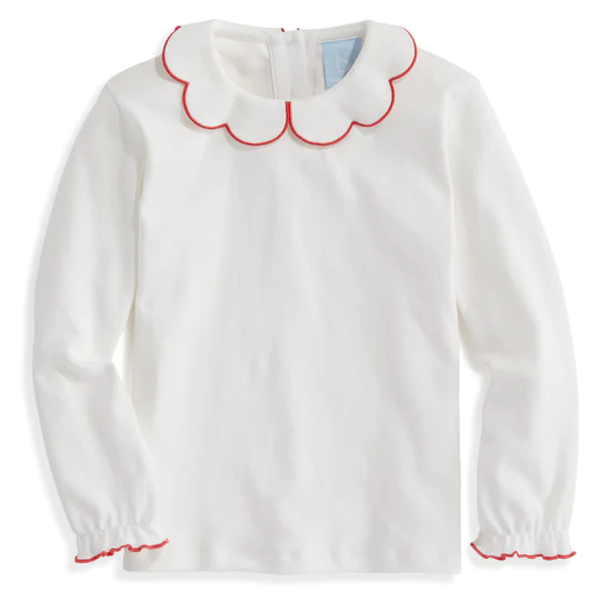 Long sleeve pima scallop tee- ivory with red