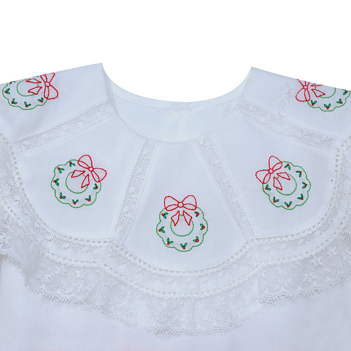 White Lucille Dress- Christmas Embroidery Wreath Collar