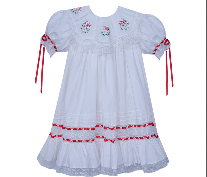 White Lucille Dress- Christmas Embroidery Wreath Collar