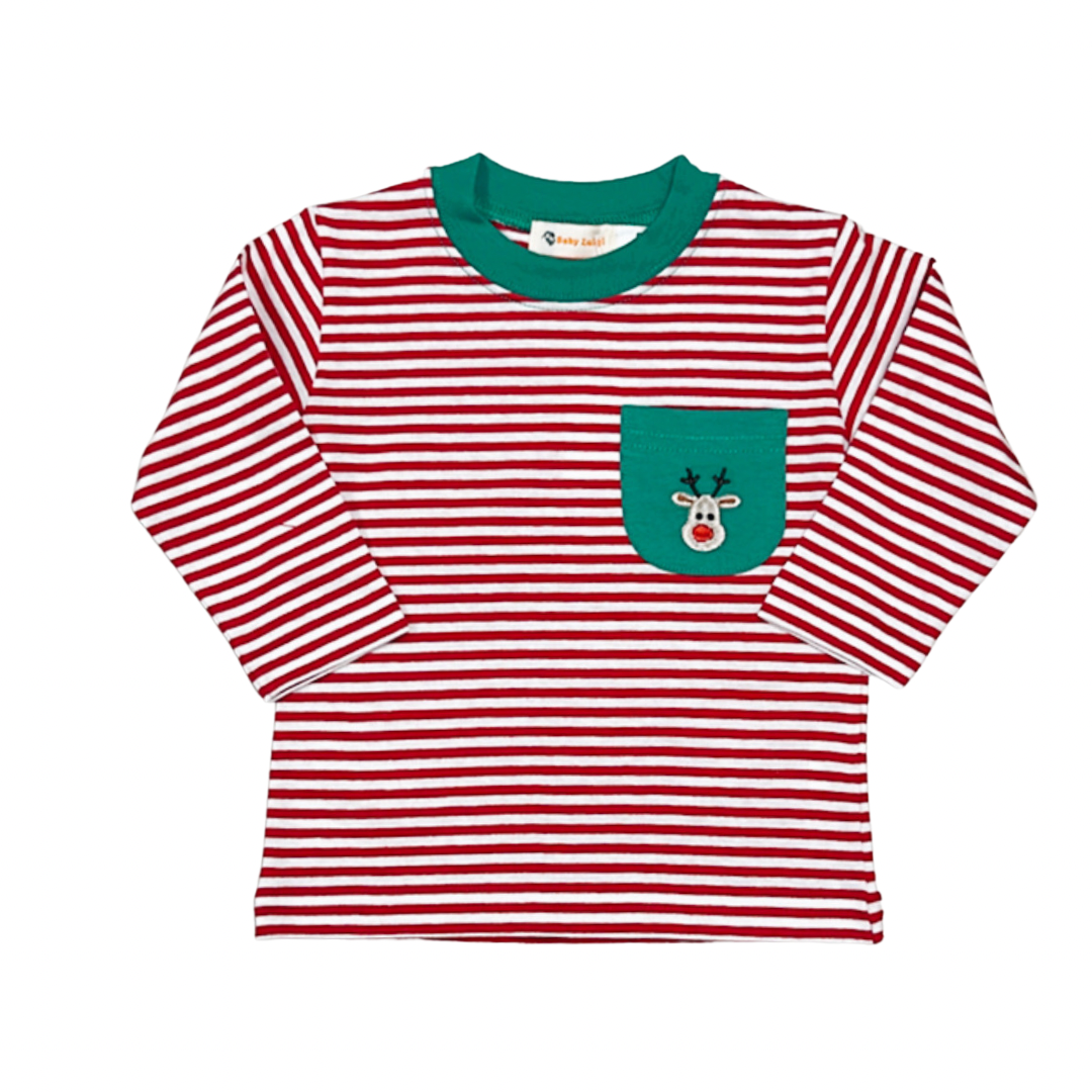 Red stripe pocket tee with Rudolph embroidery