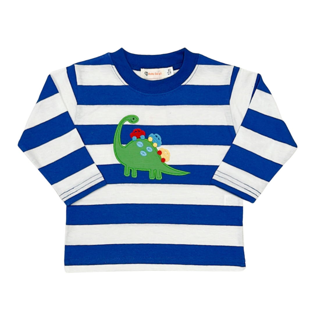 Blue stripe tee with dino and cars applique