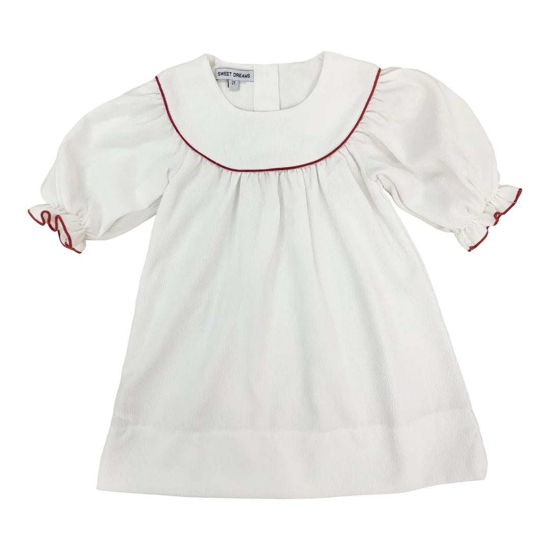 White Corduroy Dress with Red Trim