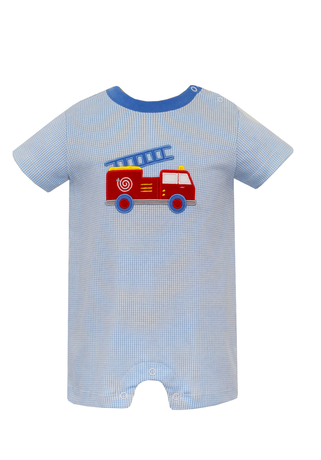 Blue Gingham Knit Romper with Firetruck Applique