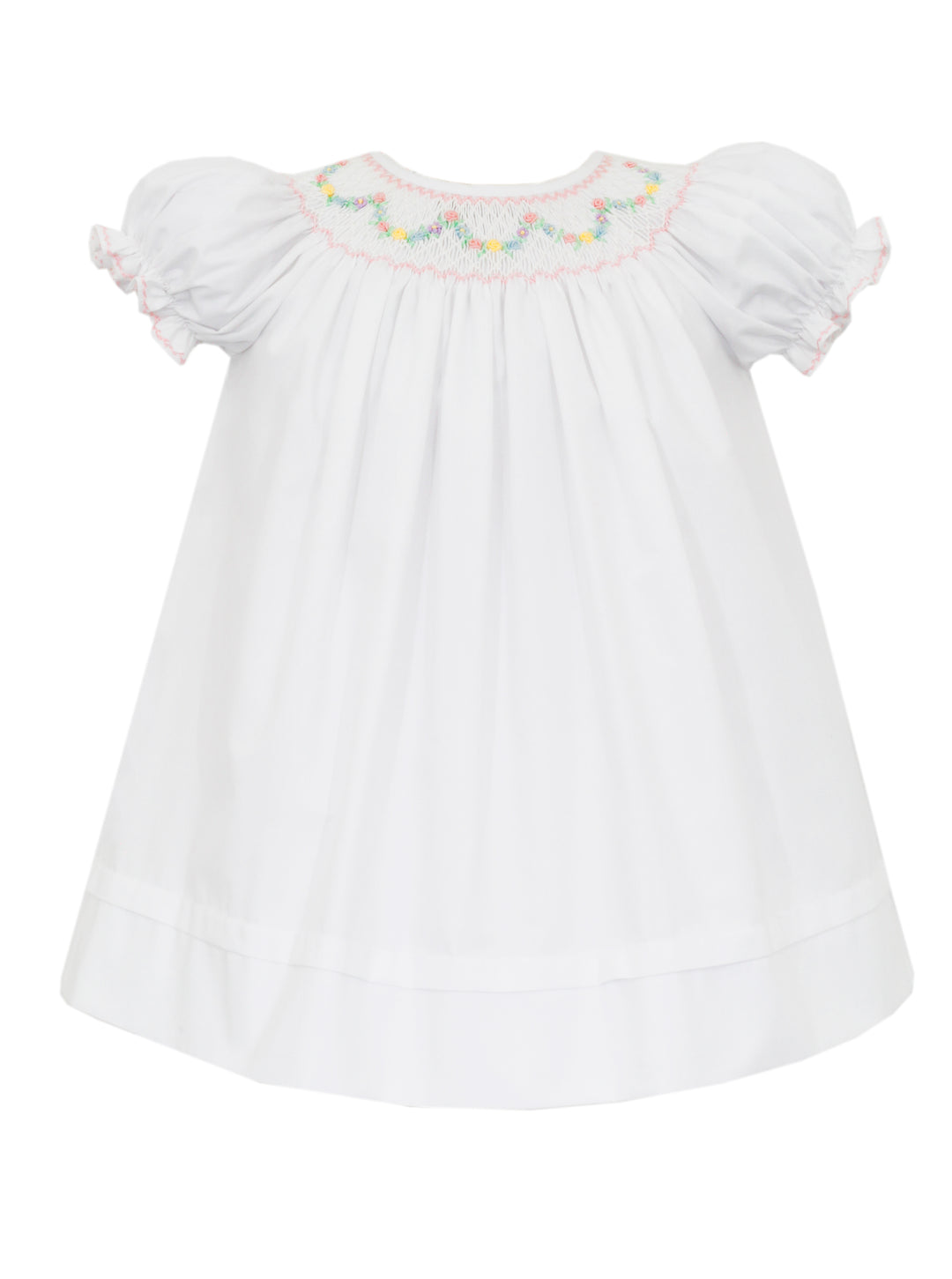 Diana White Poplin Bishop Dress with Pastel Smocking