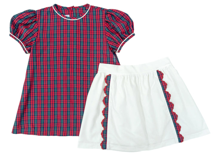 PRE ORDER Kate Skirt Set - White Cord, Red Christmas Plaid