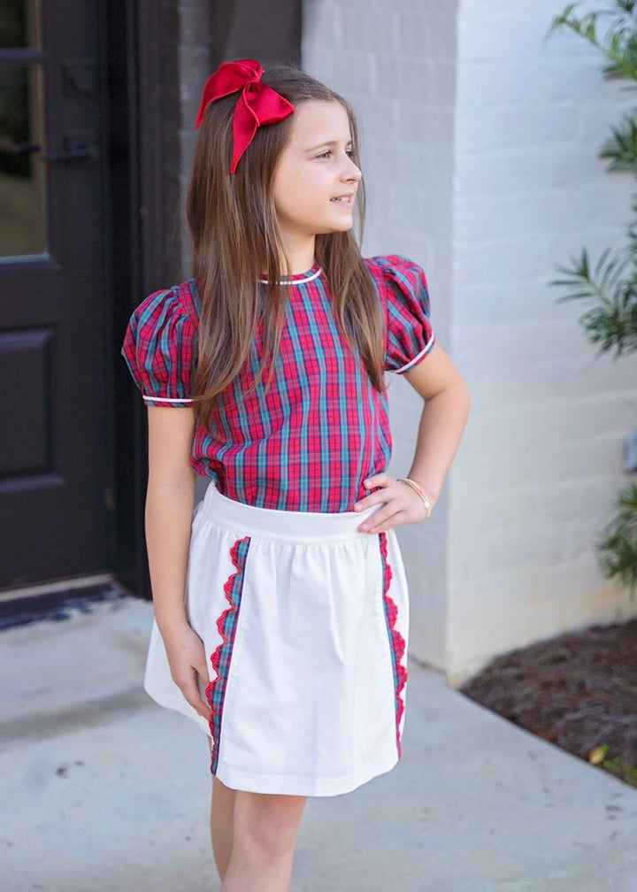 PRE ORDER Kate Skirt Set - White Cord, Red Christmas Plaid