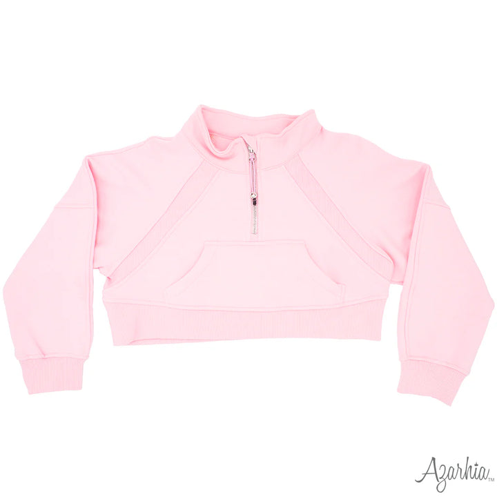 Oversized Cropped 1/4 Zip Sweatshirt- Light Pink
