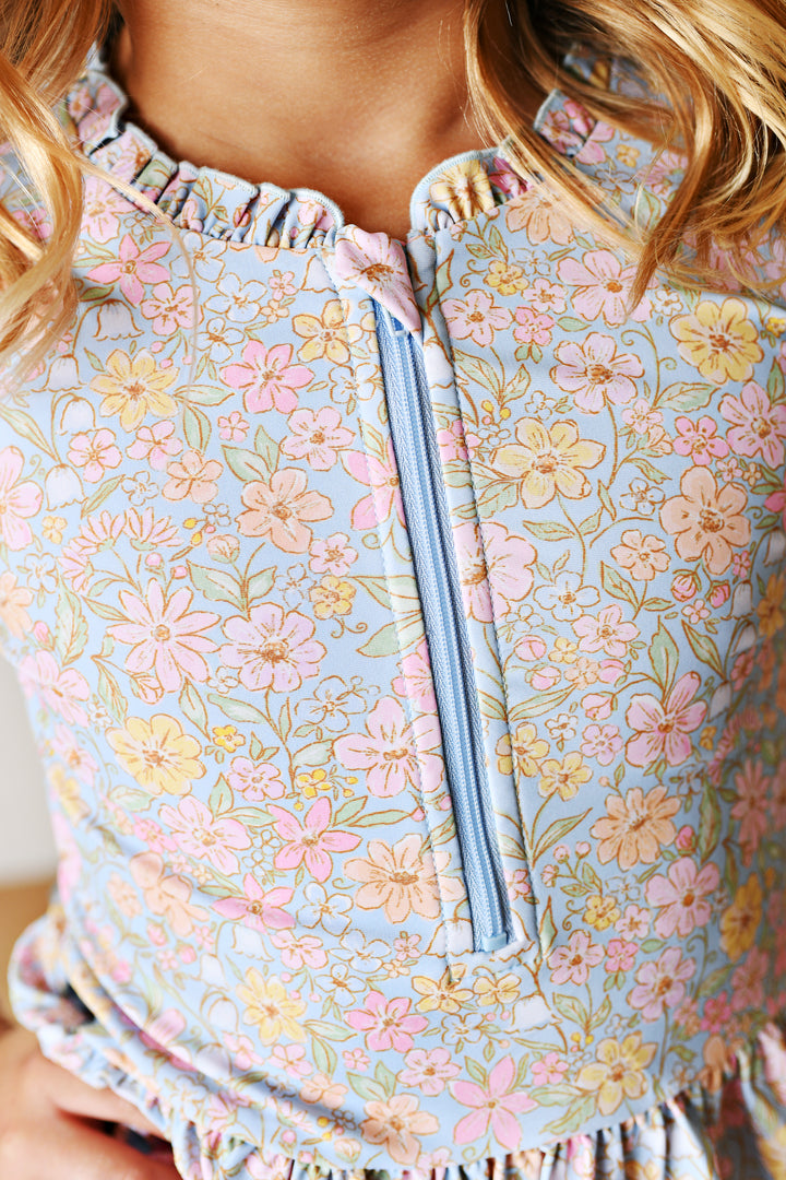 Long Sleeve Rash Guard Swim- Blue Floral