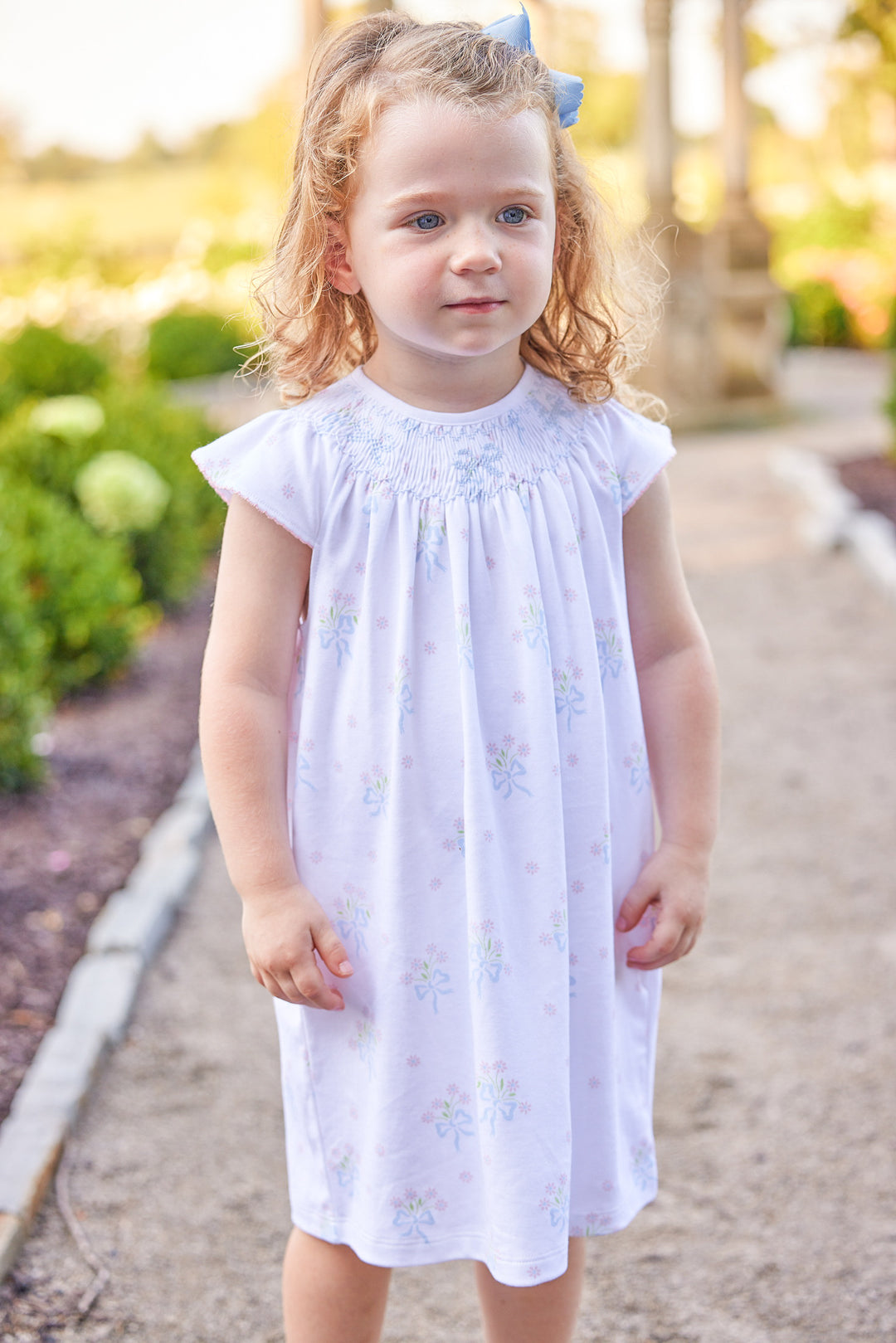 Smocked Bishop Dress- Blue Bow Bouqet