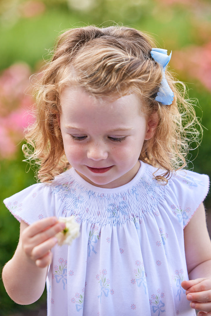 Smocked Bishop Dress- Blue Bow Bouqet