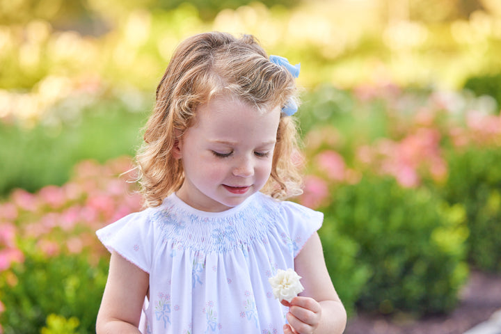 Smocked Bishop Dress- Blue Bow Bouqet