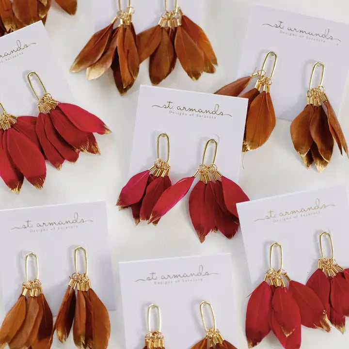 Garnet Gold Dipped Feather Tassle Earrings