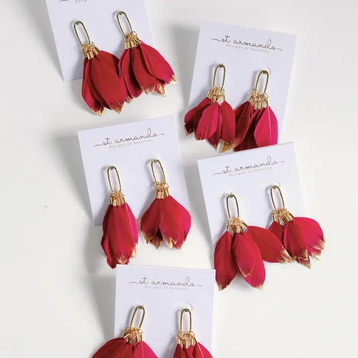 Garnet Gold Dipped Feather Tassle Earrings