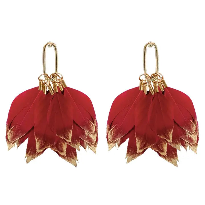 Garnet Gold Dipped Feather Tassle Earrings