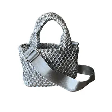 Leah Petite Metallic Woven Tote- Silver