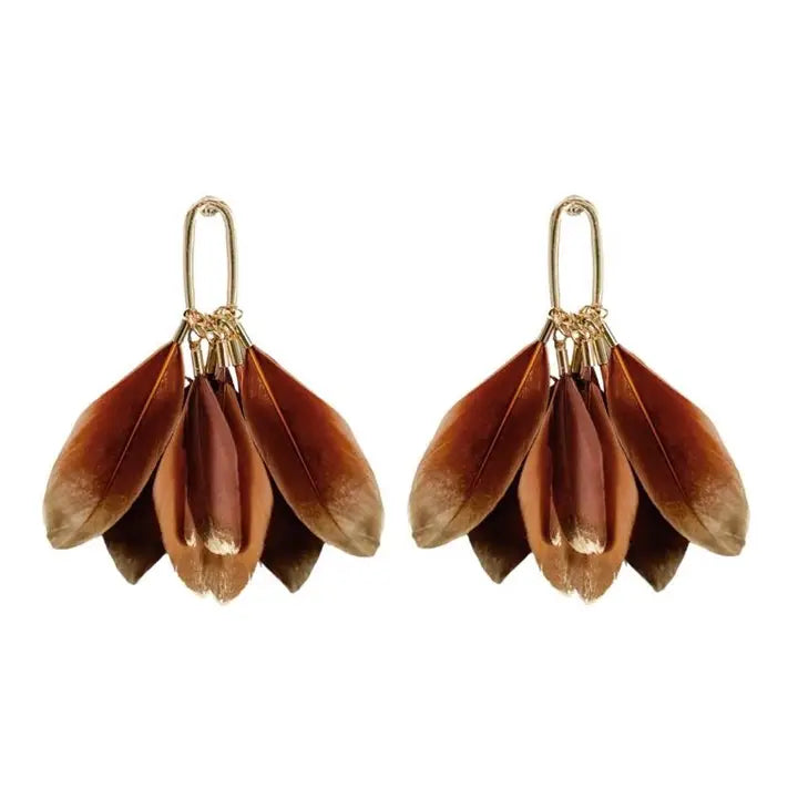 Caramel Gold Dipped Feather Tassle Earrings