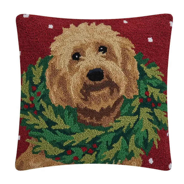 Labradoodle With Wreath Pillow