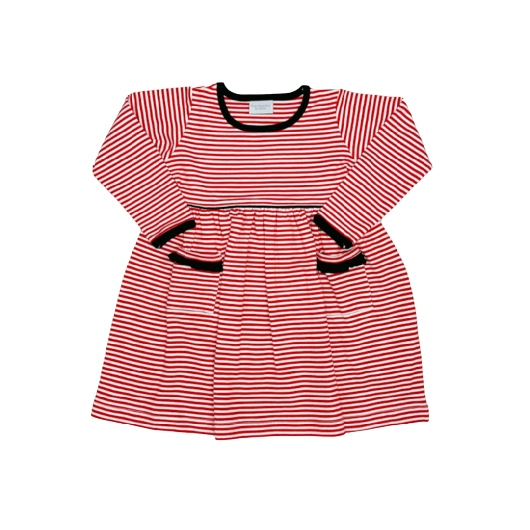Popover dress with pockets- red stripe with black trim 18m