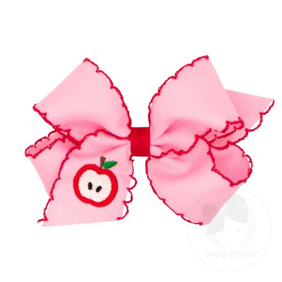 Back-to-school bow- medium pink, apple embroidered bow with moonstitch edging