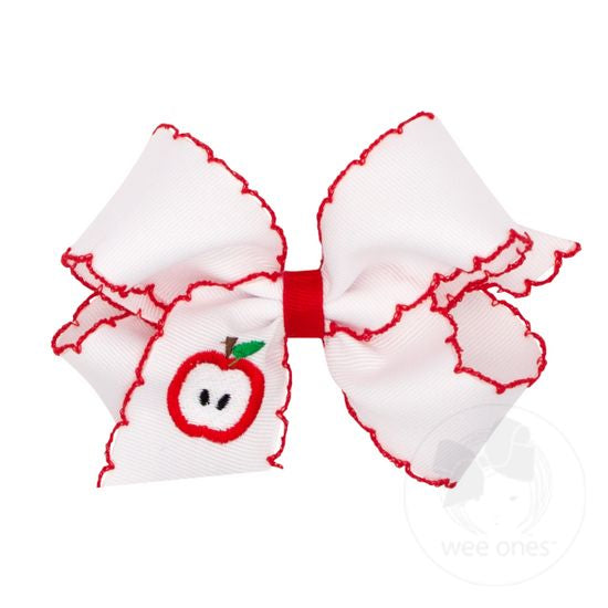 Back-to-school bow- medium white, apple embroidered bow with moonstitch edging
