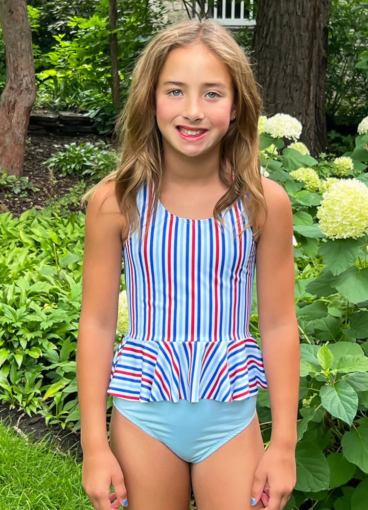Collette Peplum Swim Set - Patriotic Stripes