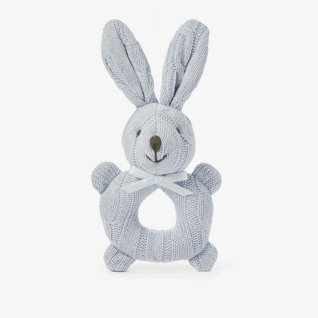 Cable knit bunny baby rattle- blue