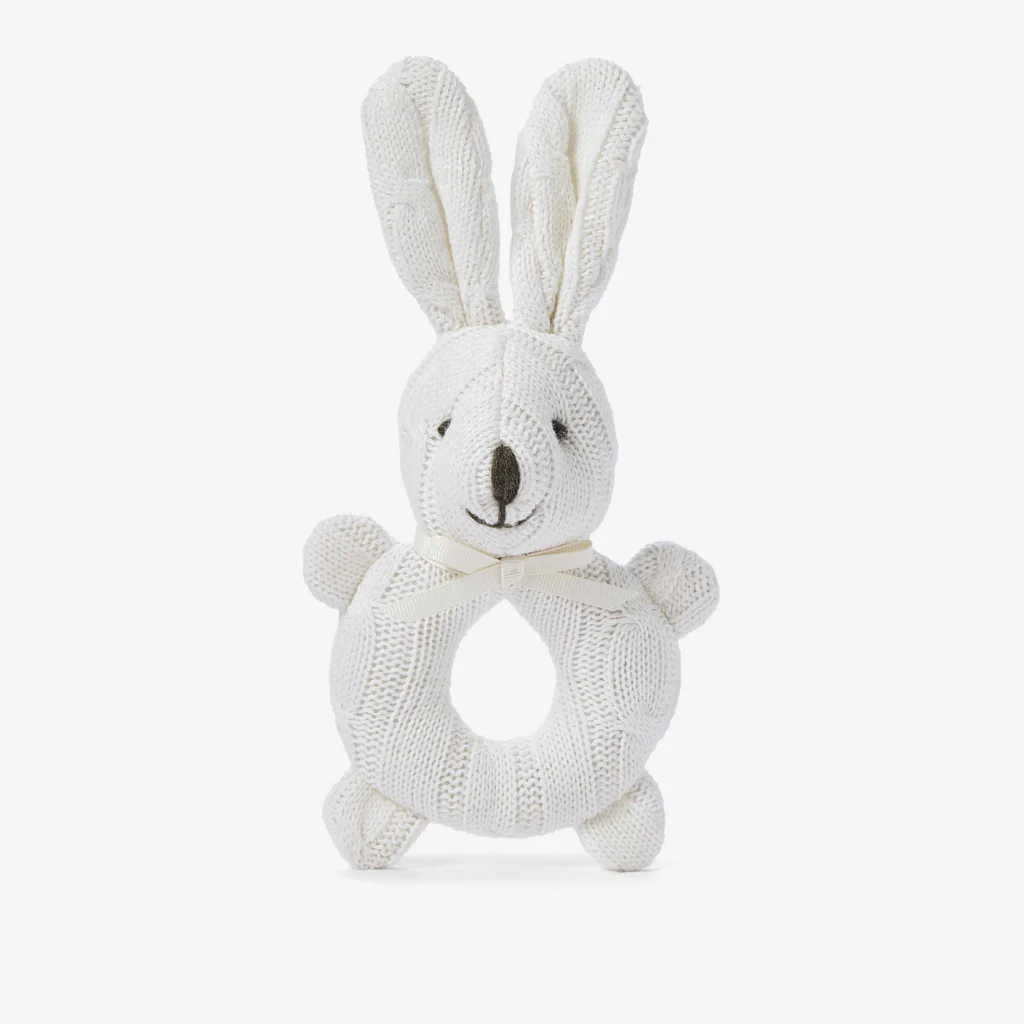 Cable knit bunny baby rattle- white