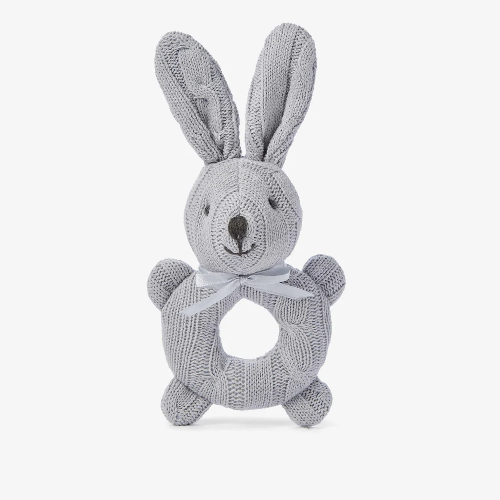 Cable knit bunny baby rattle- gray