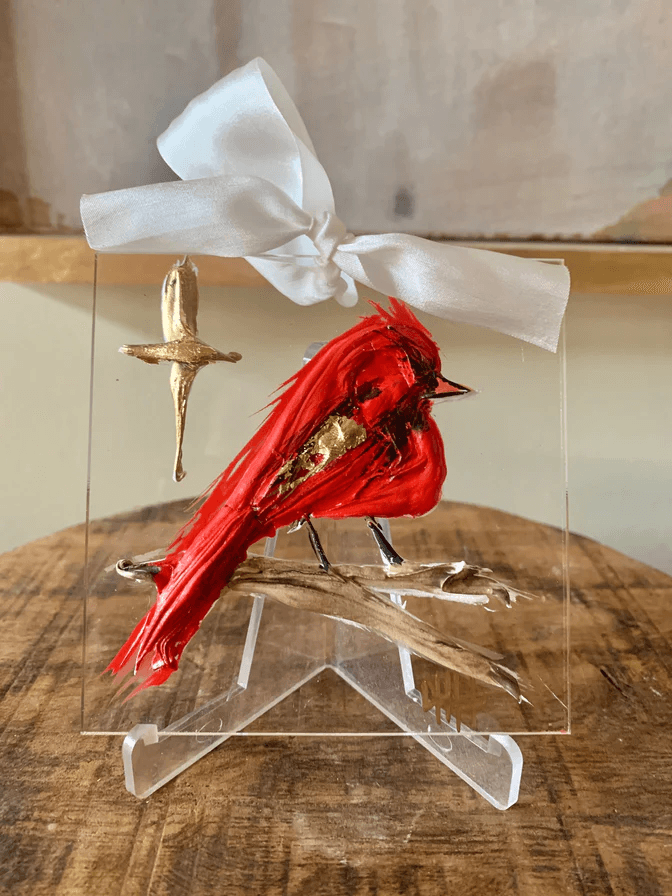 Acrylic fine art print- Cardinal ornament with stand - The Orange Iris 